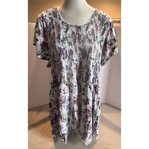 Torrid Floral Smocked Bodice Flutter Sleeve Rayon Top White Purple Womens Size 5